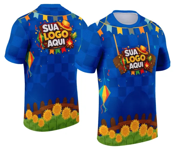 Camisa tradicional de festa junina com logo estampado no peito e estampa grande nas costas, mostrando elementos típicos do arraiá com cores vibrantes e alegre design festivo.