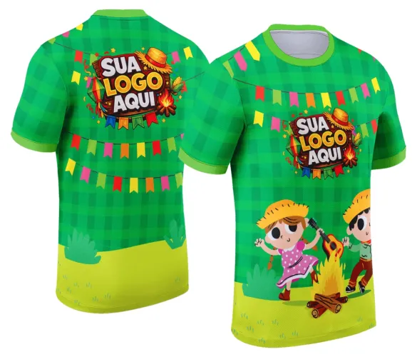 Camisa com logo no peito e estampa grande nas costas, estilo tradicional de festa junina, cores vibrantes e detalhes que remetem ao arraiá típico, ideal para celebrar com alegria e estilo.