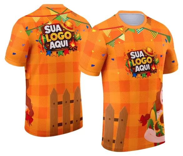 Camisa com logo no peito em destaque e estampa grande nas costas, exibindo elementos típicos da festa junina em cores vibrantes, ideal para comemorações e eventos temáticos.