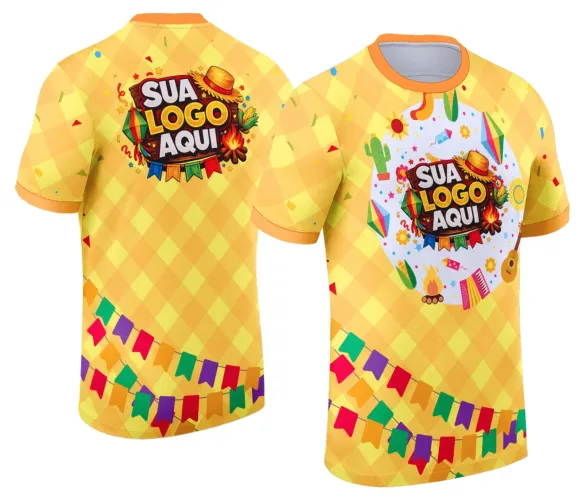 Camisa com logo no peito e estampa grande nas costas, destacando elementos típicos da festa junina que remetem ao clima alegre e tradicional dos arraiás.