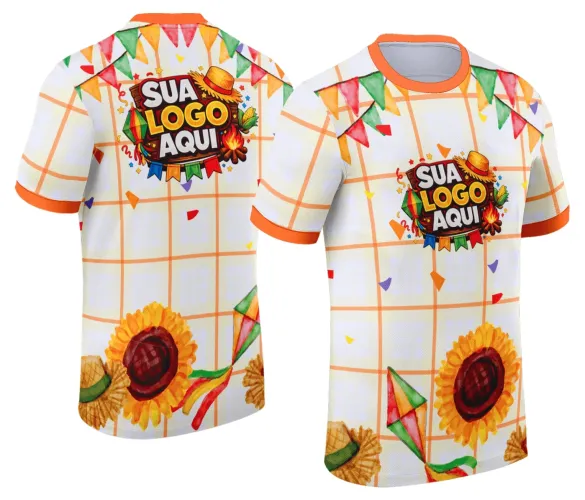 Camisa com logo no peito e estampa grande nas costas, ideal para celebrar as festas juninas com estilo e alegria, com elementos tradicionais coloridos que destacam a identidade da festa.