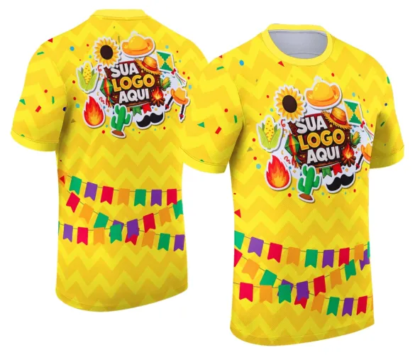 Camisa com logo no peito e estampa grande nas costas, remetendo ao clima alegre e colorido das festas juninas, com detalhes que destacam o espírito do arraiá