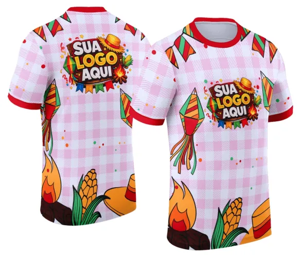 Camisa com logo no peito e estampa grande nas costas, destacando elementos típicos da festa junina com cores vibrantes e design festivo que unem tradição e alegria em uma peça única.