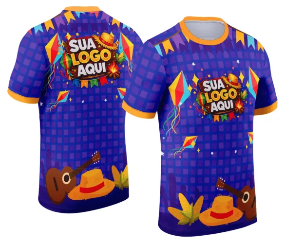 Camisa com logo no peito vibrante e estampa grande nas costas mostrando tema festivo de festa junina com cores vivas e desenhos típicos do arraiá.