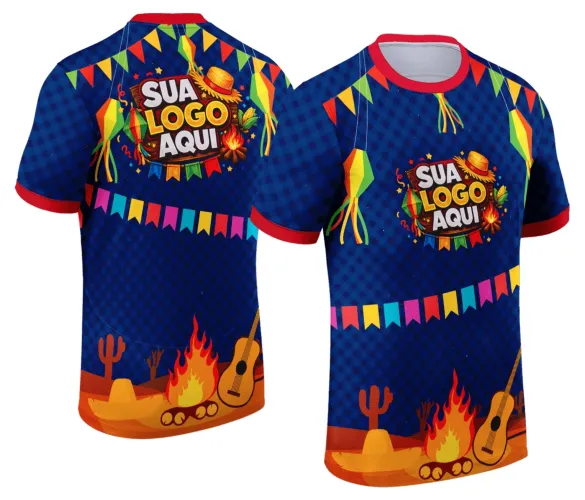 Camisa com logo no peito em destaque e estampa grande nas costas mostrando elementos clássicos da festa junina como bandeirinhas, fogueira e balões coloridos