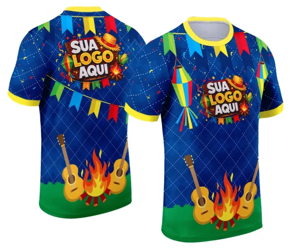 Camisa com logo no peito e estampa grande nas costas, ideal para celebrar festas juninas com estilo e autenticidade, combinando elementos tradicionais em cores vibrantes que destacam a festa.