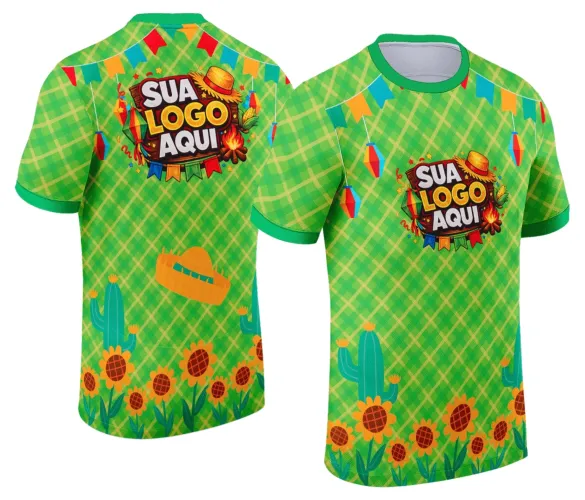 Camisa com logo no peito e estampa grande nas costas, mostrando um design tradicional e colorido típico da festa junina, perfeito para celebrar o clima festivo do arraiá com estilo e alegria.