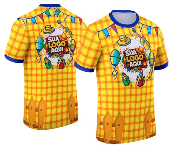 Camisa com logo no peito e estampa grande nas costas em estilo festa junina com elementos típicos coloridos, ideal para comemorações de arraial com visual alegre e tradicional.