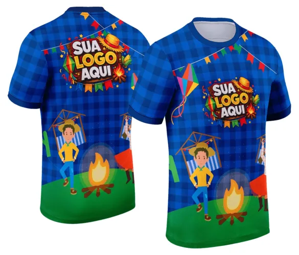 Camisa com logo no peito e estampa grande nas costas mostrando temática tradicional de festa junina em cores vibrantes e design alegre, ideal para celebrações típicas do Arraiá.