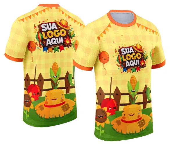 Camisa com logo no peito e estampa grande nas costas em estilo festa junina com elementos típicos como bandeirinhas coloridas e símbolos de arraiá alegre e vibrante