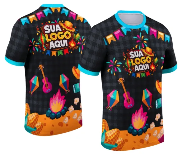 Camisa típica de festa junina com logo no peito e estampa grande nas costas, exibindo cores vibrantes e elementos tradicionais que celebram o Arraiá em grande estilo.