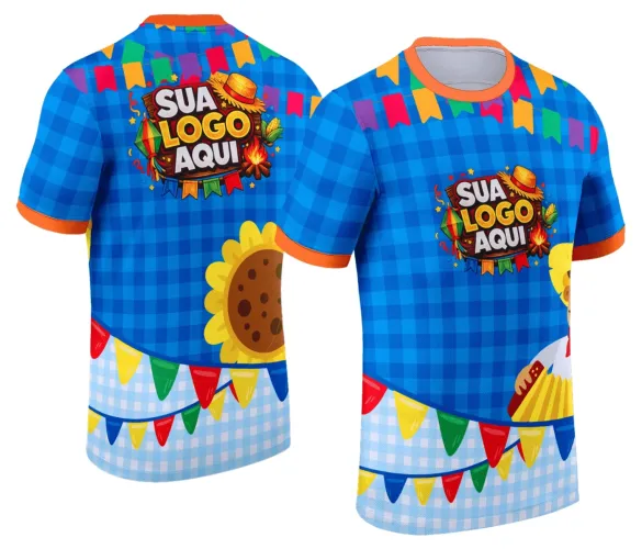 Camisa com logo no peito e estampa grande nas costas, exibindo design colorido e típico da Festa Junina, perfeito para celebrar o arraiá com estilo e autenticidade.