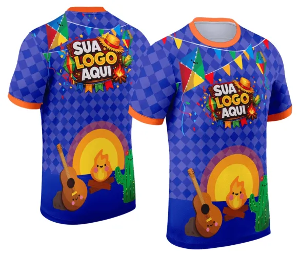Camisa com logo no peito e estampa grande nas costas, ideal para festas juninas, combinando tradição e alegria em um visual colorido e chamativo para celebrar o arraiá com estilo.