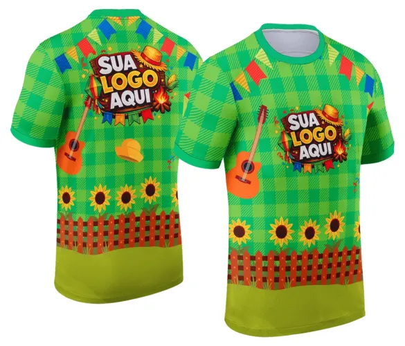 Camisa com logo no peito em destaque e estampa grande nas costas exibindo tema típico de festa junina, com cores vibrantes e elementos típicos da celebração, perfeita para eventos temáticos e comemorações.