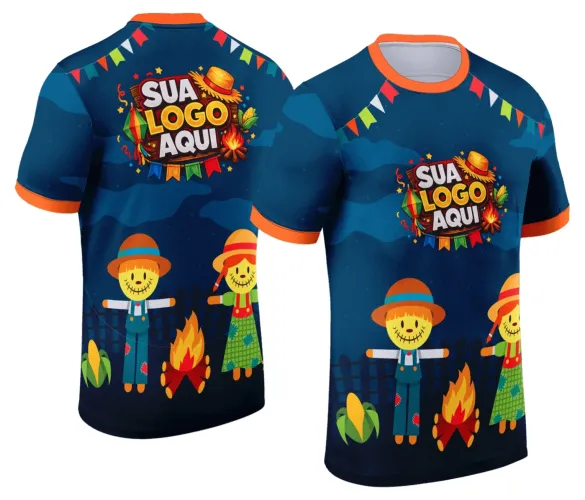 Camisa com logo no peito e estampa grande nas costas, tema festa junina com elementos típicos como bandeirinhas, fogueira e chapéu de palha, estilo arraiá vibrante e colorido