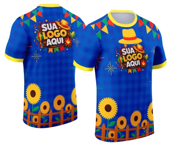 Camisa com logo no peito e estampa grande nas costas, apresentando um design colorido e alegre típico de festa junina, destacando elementos tradicionais e clima festivo.