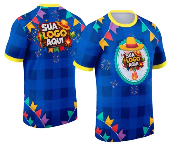 Camisa com logo no peito e estampa grande nas costas, destacando elementos típicos de festa junina com cores vibrantes e detalhes rústicos que lembram o clima de arraiá tradicional.