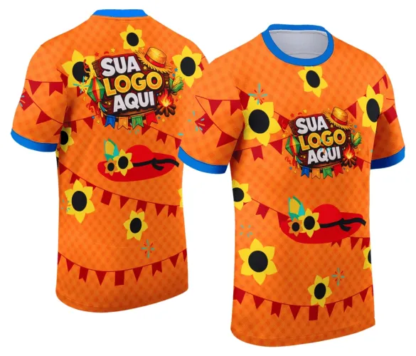 Camisa com logo no peito e estampa grande nas costas, apresentando uma temática típica de festa junina com elementos coloridos e alegres que celebram o arraiá com estilo e autenticidade.