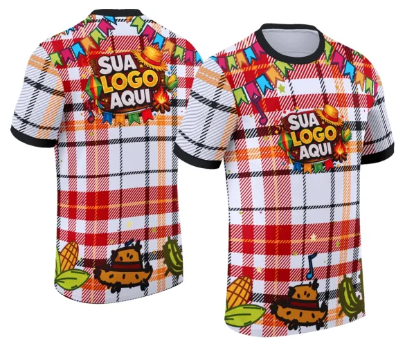 Camisa com logo no peito elegante e estampa grande nas costas vibrante, com design alegre e colorido característico de festa junina, perfeita para arraiá e celebrações típicas.