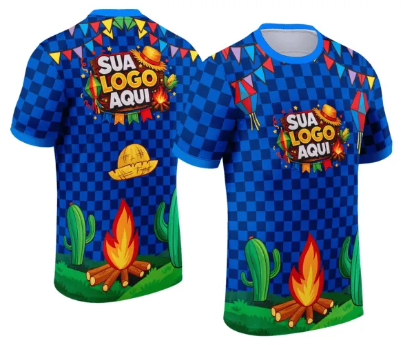 Camisa com logo no peito e estampa grande nas costas, apresentando um design clássico de festa junina com cores vibrantes que reforçam o clima de arraial e tradição.