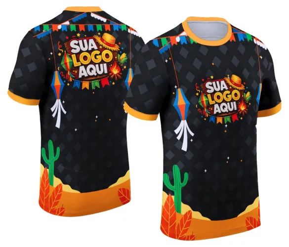 Camisa com logo no peito e estampa grande nas costas, exibindo um design colorido e vibrante inspirado na festa junina, com elementos típicos que trazem a alegria da celebração para a peça.