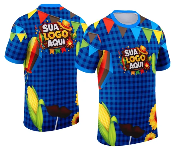 Camisa com logo no peito e estampa grande nas costas, perfeita para celebrar o tradicional Arraiá com cores vibrantes e motivos típicos da Festa Junina, destacando o clima de festa e alegria.