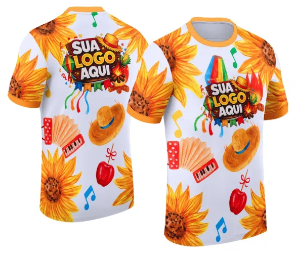 Camisa com logo no peito destacando a identidade do Arraiá e uma estampa grande nas costas cheia de elementos típicos da Festa Junina, com cores vibrantes e design festivo.