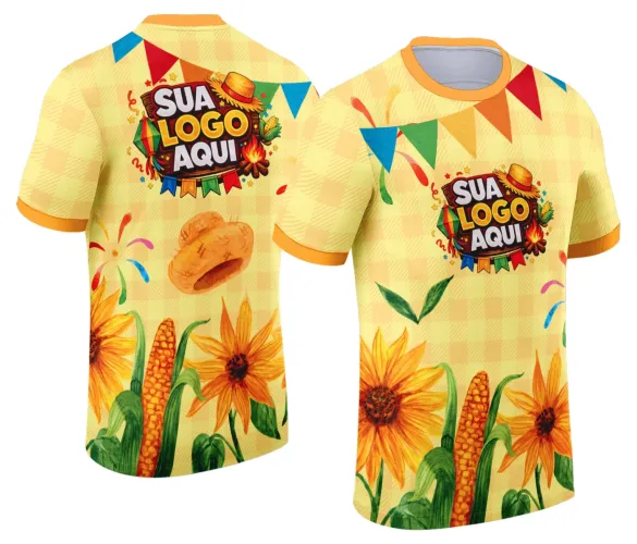 Camisa com logo no peito e estampa grande nas costas no estilo festa junina, trazendo um visual alegre e colorido próprio para arraiá, destacando elementos típicos da celebração nordestina.