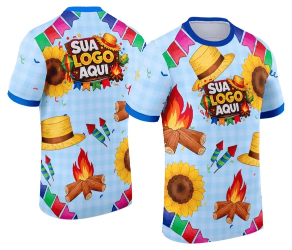 Camisa com logo no peito e estampa grande nas costas, apresentando tema colorido e alegre de Festa Junina, perfeita para celebrações típicas com detalhes vibrantes e design característico do Arraiá.