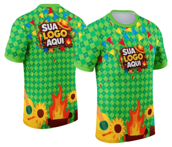 Camisa temática com logo no peito e estampa grande nas costas com elementos coloridos e tradicionais da festa junina, perfeita para celebrações típicas e eventos informais.