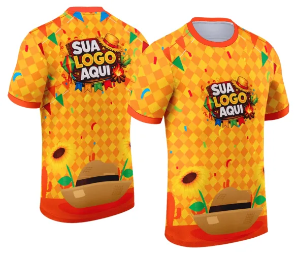 Camisa com logo no peito e estampa grande nas costas que celebra o clima típico do arraiá, com cores vibrantes e detalhes que remetem à Festa Junina, perfeita para quem quer destacar a tradição e alegria da festa.