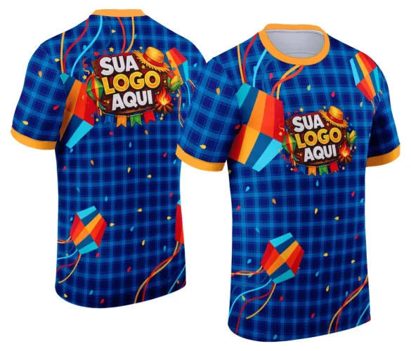 Camisa com logo no peito e estampa grande nas costas, tema tradicional de festa junina com cores vibrantes que remetem ao clima alegre do arraiá.
