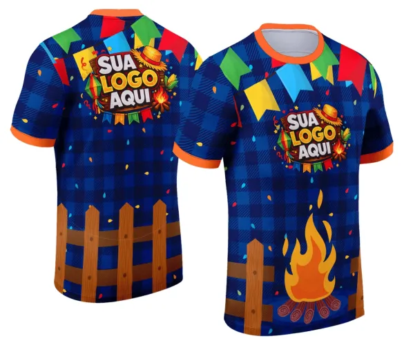 Camisa com logo no peito e estampa grande nas costas, trazendo um visual colorido e alegre típico das festas juninas, perfeita para celebrar o arraiá com estilo descontraído e típico.