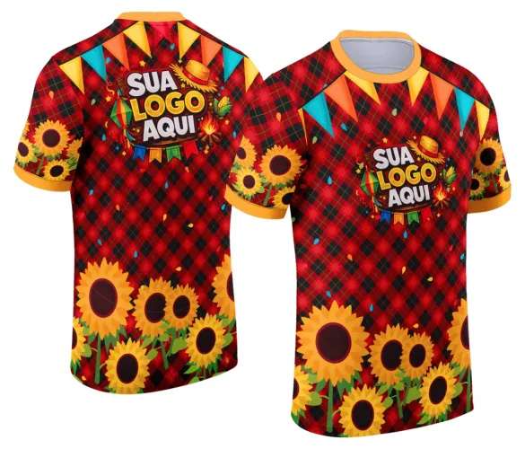 Camisa temática de festa junina com logo no peito personalizado e estampa grande nas costas colorida e vibrante, destacando elementos tradicionais como bandeirinhas e fogueira em tom alegre e festivo