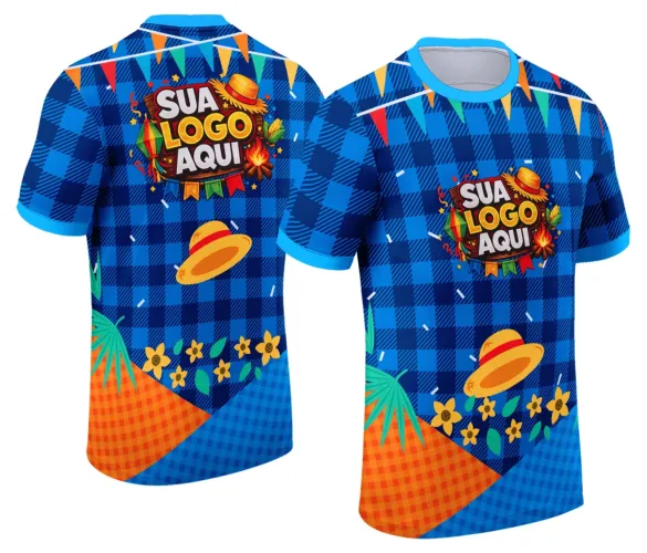 Camisa com logo no peito vibrante e estampa grande nas costas detalhando motivos tradicionais da festa junina, cores alegres e design festivo pronto para expressão em evento temático