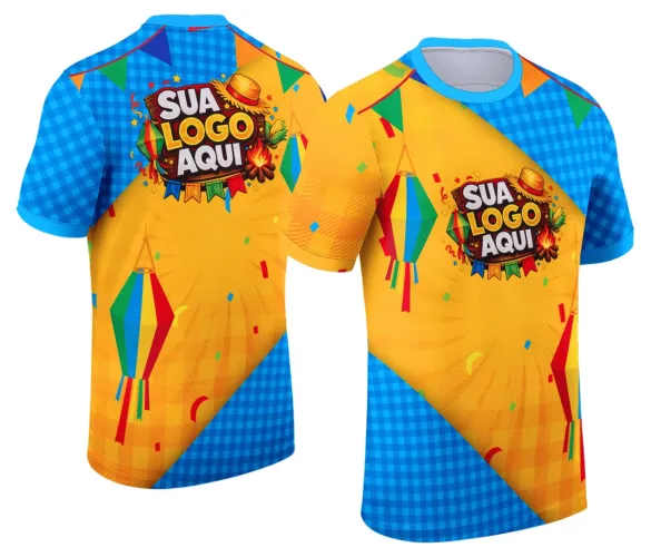 Camisa com logo no peito e estampa grande nas costas, tema Festa Junina Arraiá, cores vibrantes e detalhes tradicionais que remetem à celebração típica brasileira, perfeita para momentos de alegria e confraternização.
