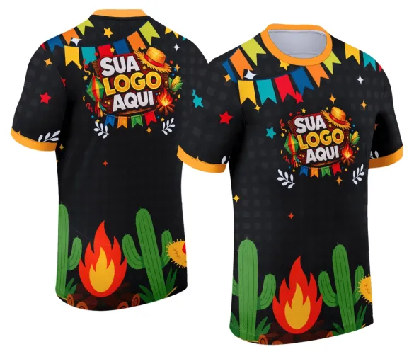 Camisa com logo no peito e estampa grande nas costas, com design típico de festa junina que destaca o clima de arraiá com cores vibrantes e elementos festivos em estilo tradicional.