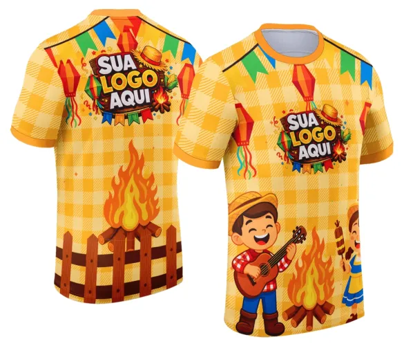 Camisa com logo no peito em destaque e estampa grande nas costas, exibindo elementos típicos de festa junina com cores vibrantes e detalhes que remetem ao arraiá animado.