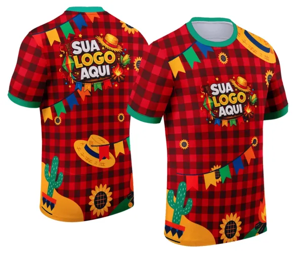 Camisa temática de Festa Junina com logo no peito e estampa grande nas costas, destacando elementos típicos do arraiá em cores vibrantes e design alegre, perfeita para celebrar com estilo e diversão.