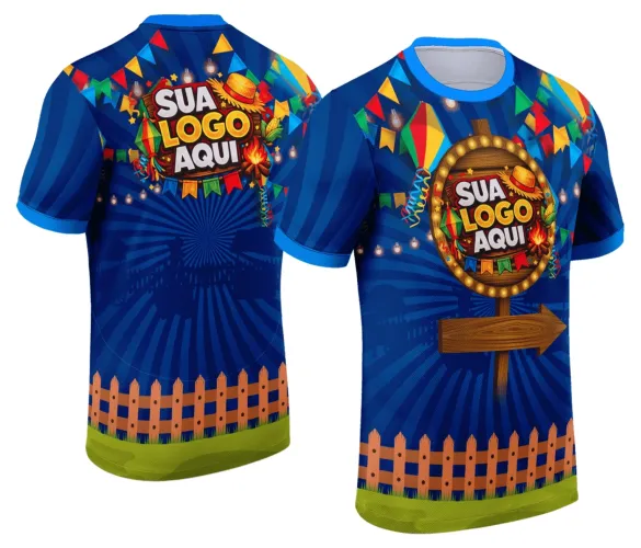 Camisa com logo no peito destacando o tema Festa Junina e estampa grande nas costas com elementos coloridos típicos do Arraiá, como bandeirinhas, fogueira e pipoca.
