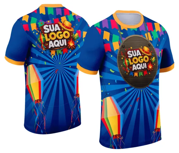 Camisa com logo no peito vibrante e estampa grande nas costas, mostrando elementos típicos da festa junina com cores quentes e detalhes festivos que remetem ao arraiá com alegre identidade visual.