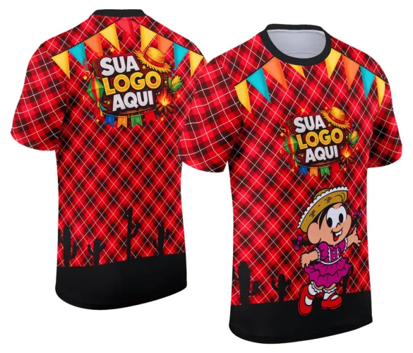 Camisa Festa Junina com logo no peito e estampa grande nas costas, destacando cores vibrantes e design típico do Arraiá em estilo tradicional para celebrações juninas.