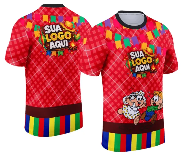 Camisa com logo no peito e estampa grande nas costas, ideal para festas juninas, destacando o clima típico e alegre do arraiá com cores vibrantes e detalhes charmosos.