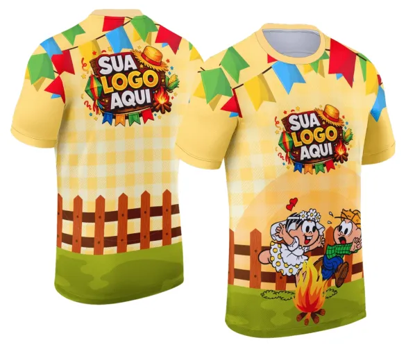 Camisa com logo no peito e estampa grande nas costas, trazendo um visual alegre e colorido típico das Festas Juninas, com elementos tradicionais que remetem ao clima de arraial.