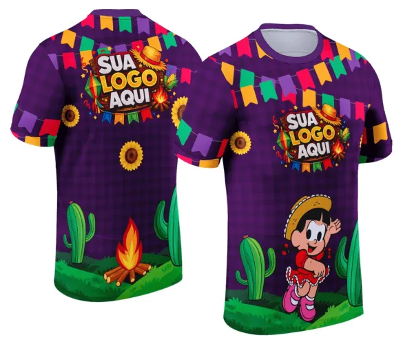 Camisa com logo no peito e estampa grande nas costas, destacando cores vibrantes e elementos típicos de festa junina, perfeita para celebrar o arraiá com estilo e personalidade.