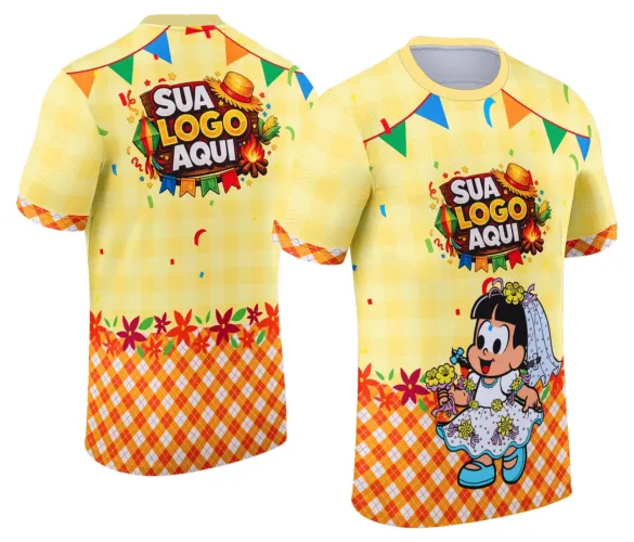 Camisa com logo no peito e estampa grande nas costas com tema colorido e vibrante de Festa Junina, destacando elementos típicos como bandeirinhas, fogueira e chapéu de palha em design alegre e festivo.