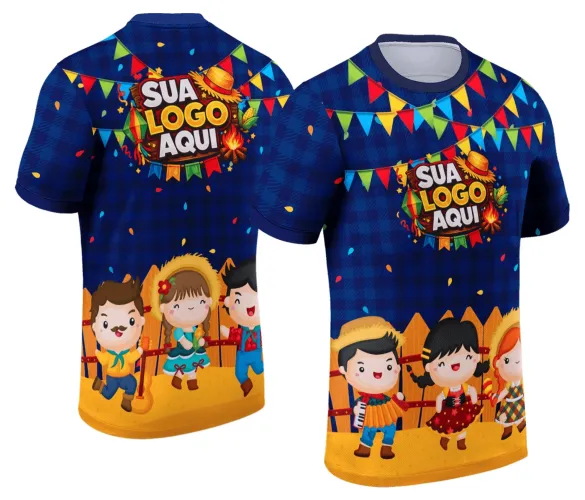 Camisa com logo no peito em destaque, estampa grande nas costas com tema típico de festa junina, combinando elementos coloridos que remetem ao arraiá, perfeita para celebrar com estilo e alegria.