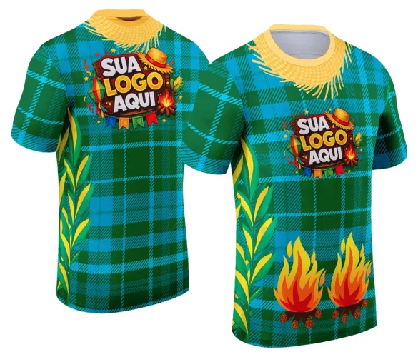 Camisa com logo no peito e estampa grande nas costas, trazendo um visual alegre típico das festas juninas, cheia de cores vibrantes e detalhes que remetem ao arraiá tradicional.