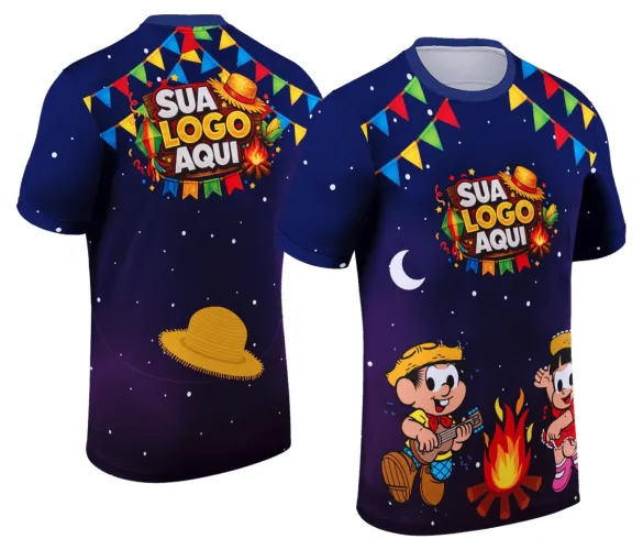 Camisa personalizada com logo no peito e estampa grande nas costas destacando elementos típicos da festa junina, em cores vibrantes e design alegre, perfeita para comemorações e eventos temáticos.