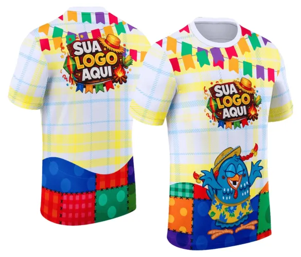 Camisa estilizada com logo no peito e estampa grande nas costas, perfeita para festas juninas com design exclusivo que destaca cores típicas e elementos tradicionais do arraiá.